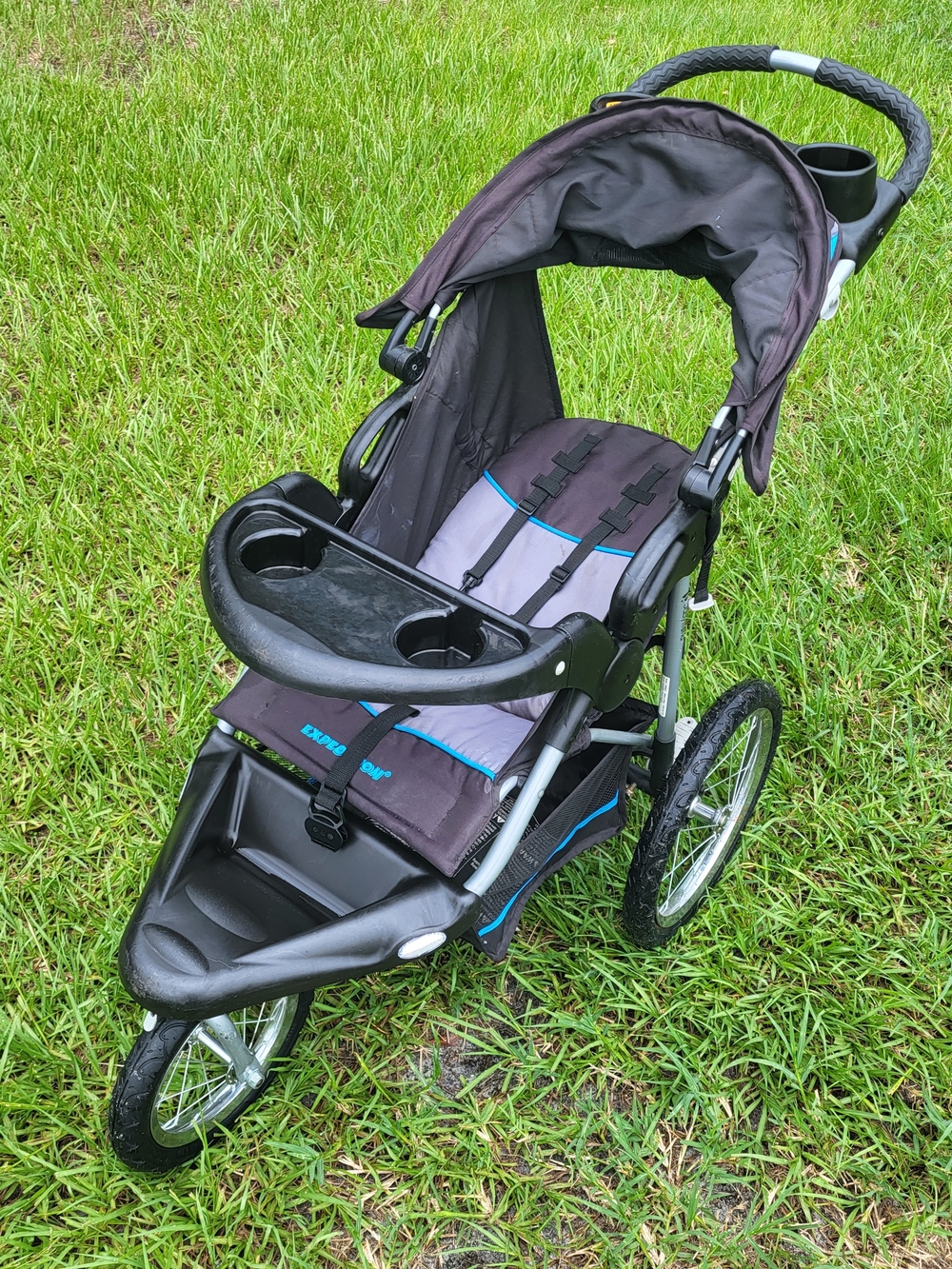 Gray and Black "Expedition" Jogging Stroller with Blue Trim